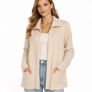 J.Crew Cream Open Front Long Cardigan Sweater Pockets Classic Layering Size M